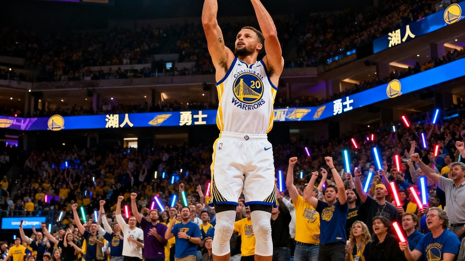 NBA常规赛洛杉矶湖人队与金州勇士队比赛画面，库里三分出手瞬间，场边观众欢呼